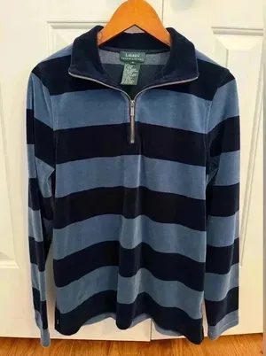 Lauren Ralph Lauren 1/4 Zip Top Velour Pullover Navy & Light Blue Stripe size S thumbnail 1