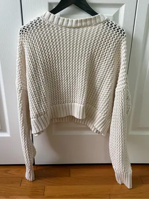 Aerie Offline Open Knit Crochet V-neck Cropped Sweater in Cream thumbnail 3