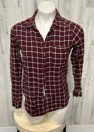 Hollister Plaid Button Down Flannel Shirt Womens S Burgundy Maroon Windowpane thumbnail 1