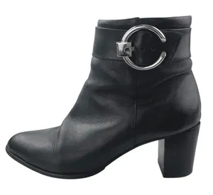PB Women's Black Leather Almond Toe Buckle Strap Zip Chelsea Ankle Boots Size 8 thumbnail 1