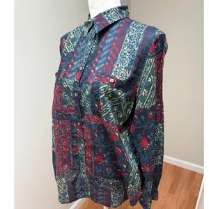 Lauren Ralph Lauren Button Up Shirt Women Navy Red Multi Patchwork Blouse Large thumbnail 6
