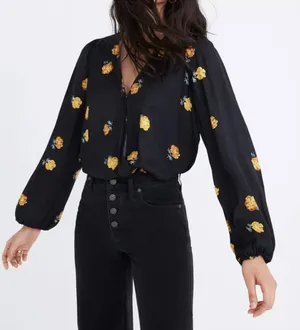 Madewell Bubble-Sleeve Black Wrap Top with Yellow Gold Floating Florets S thumbnail 1