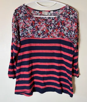 Anthropologie‎ Postmark Floral Stripe 3/4 Sleeve Top Size Small thumbnail 1
