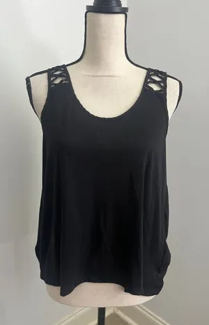 H&M Black Flowy Cut Out Blouse Small Caged‎ Scoop Neck Minimalist Boho Chic Tank thumbnail 1