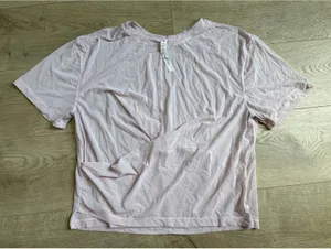 Womens Lululemon light pink sheer mesh twist‎ front athletic short sleeve sz 12 thumbnail 1