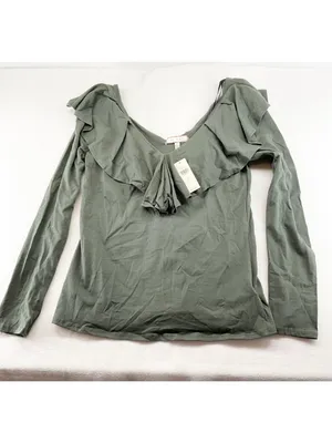 Anthropologie falisi ruffled top blouse cotton green off shoulder SZ L bust 32 thumbnail 2