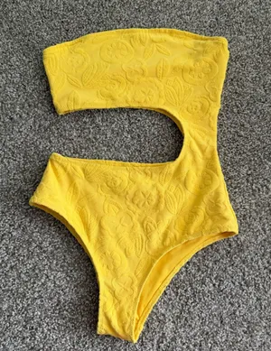 aerie Yellow Cutout One-Piece Swimsuit with Floral Texture thumbnail 1