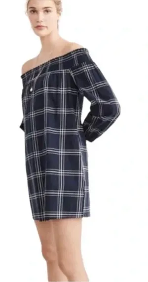 Abercrombie & Fitch Navy and White Plaid off the shoulder dress XS thumbnail 1