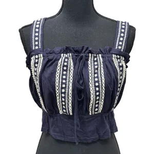 Free People Hill Top Crop Tank Size Large Blue Embroidered Boho Festival thumbnail 2