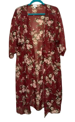 LulaRoe Shirley Medium Red Floral Sheer Duster Kimono‎ Open Front thumbnail 1