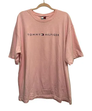 Vintage Tommy Hilfiger Pink Logo T-Shirt XXL‎ 100% Cotton Oversized Y2K Tee thumbnail 1