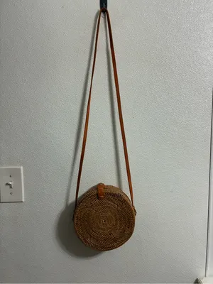 Round Woven RattanCrossbody Bag in Tan with leather strap & snap closure thumbnail 3