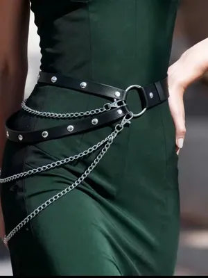 Black Studded Leather Chain Waist Belt - Women Accessories thumbnail 2
