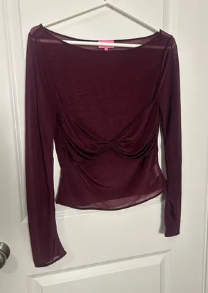 Edikted Sheer Twist-Front Long Sleeve Top in Maroon thumbnail 1