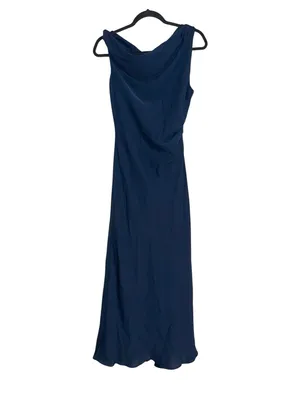 Aritzia TEN Klea One Shoulder Cowlneck Navy Matte Satin Midi Dress MEDIUM thumbnail 3