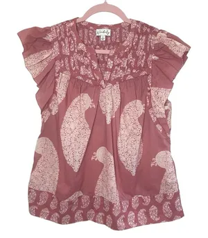 WONDERLY Dusty Rose Paisley Flutter‎ Sleeve Cotton Top, Small thumbnail 1