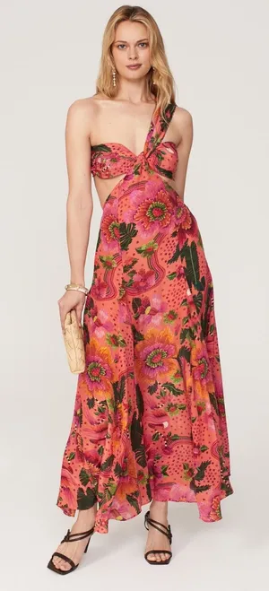 Farm Rio Blooming Garden Floral Print One Shoulder Cut Out Cocktail Maxi Dress M thumbnail 1