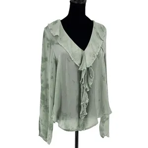 Free People Womens‎ Sascha Ruffled Frill Long Sleeve Blouse Muted Green Medium thumbnail 2
