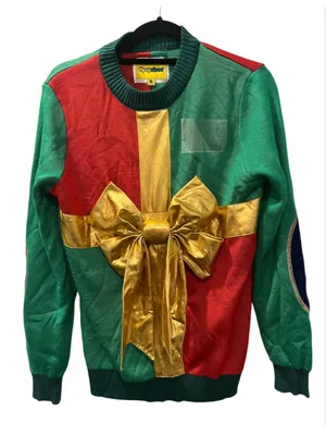 Tipsy Elves Christmas Present Ugly Christmas Sweater Gold Bow Small Unisex Red thumbnail 1