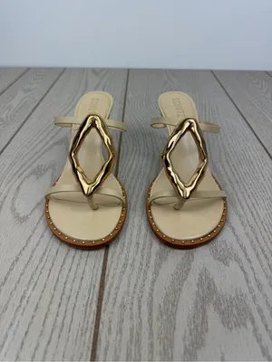 Schutz Women's Amarilis Stiletto Heel Leather Sandals 7B Natural & Gold $178 thumbnail 2