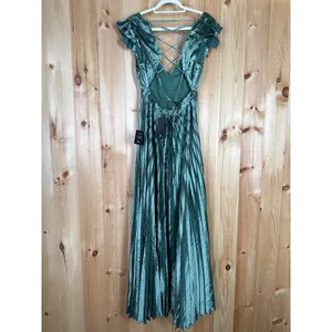 NWT Lulus Exceptional Drama Sage Green Satin Lace-Up Pleated Maxi Dress Bride L thumbnail 4