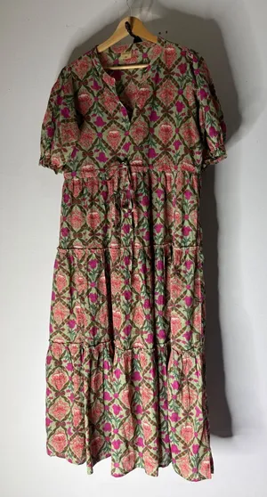 Anayna Floral Block Print Tiered Midi Dress Green Pink Cotton XL Boho V-Neck thumbnail 1