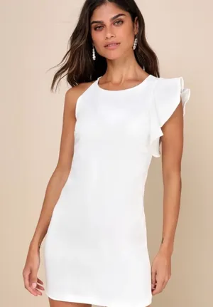 Lulus White One Shoulder Ruffle Mini Dress‎ Cocktail Bridal Size L thumbnail 1