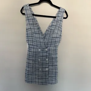 ZARA Blue and White Tweed Plaid Pinafore Mini Dress Medium Double Breasted thumbnail 8
