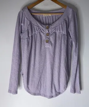 We The Free Free People‎ Must Have Henley Waffle Knit Long Sleeve Top in Lilac Size Small thumbnail 1