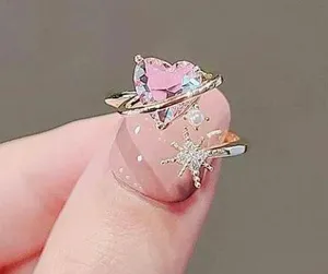 18K Gold Plated Adjustable Pink Crystal Love Heart Ring for Women thumbnail 3