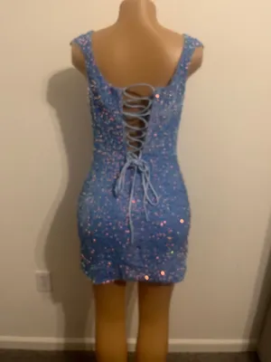Stacees Shine in this elegant blue sequin dress, perfect for any special occasion. The shimmering sequins add a touch of glamour to your look. thumbnail 5