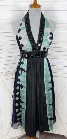 Zara Beaded Silk Pleated Multi Pattern Fit‎ Flare Halter Dress Black Teal Medium thumbnail 1