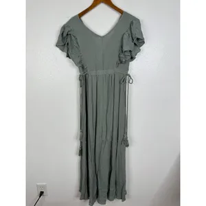 Baltic Born Jennifer Deep V Ruffle Maxi Dress Sage Green Boho Gown XS thumbnail 4