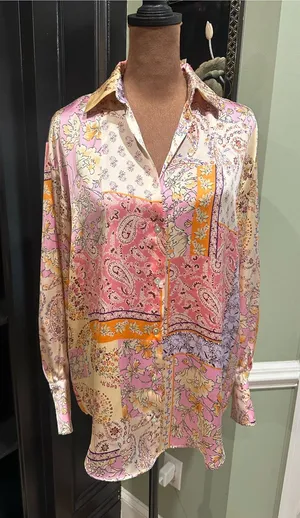 ZARA Satin Patchwork Button‑Up Blouse – Size XS (Oversized Fit) thumbnail 1