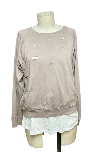 Monrow Distressed Double Layer Sweatshirt Fawn White Size‎ Medium Tan thumbnail 1