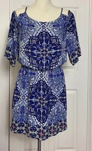 Bisou Bisou Michele Bohbot Blue Print Dress Cold Shoulder Blouson Mini dress thumbnail 1