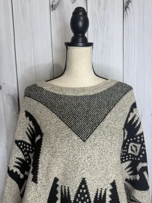 Earthbound Trading Poncho Sweater Fringe Aztec Black Tan Sz XL thumbnail 2
