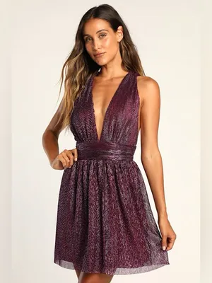 Lulu's Metallic Deep Plum Plunge Mini Dress size L thumbnail 2