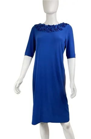 TAYLOR Navy Blue Shift Dress Polyester Short Sleeve Rosette Collar Detail Sz 6‎ thumbnail 1