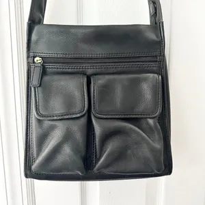 Fossil Vintage Black Leather 75082 Multi Pocket Top Zip Shoulder Bag Key Fob thumbnail 2