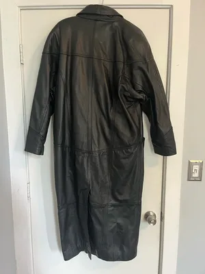 Wilson's Leather Vintage Black Long Leather Trench Coat jacket lined medium duster thumbnail 8