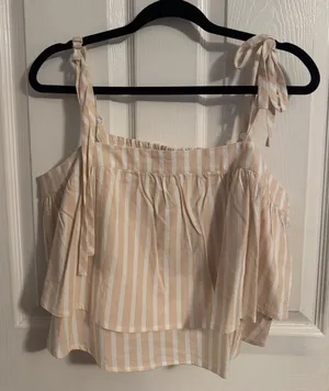 Striped Tie-Shoulder Ruffle Camisole - Beige Cream thumbnail 1