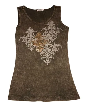 Y2K Tank Top Size M Acid Wash Brown Gold Foil Damask Floral Graphic 90s Revival thumbnail 1