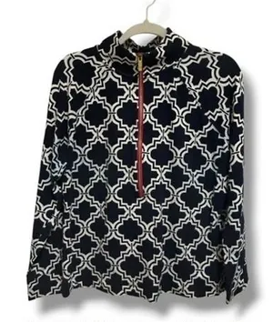 Crown Ivy Beach Navy White Quatrefoil Quarter‎ Zip Pullover L Preppy Coastal Top thumbnail 1