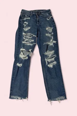 American Eagle Outfitters Distressed Dark Blue Straight Leg mom Jeans thumbnail 1