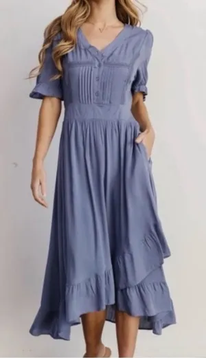 Baltic Born Hannah Dusty Blue Midi Boho Lace Dress Large thumbnail 1