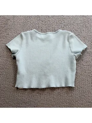 Bershka Women’s Light Blue Ribbed Asymmetrical Button Crop Top Baby thumbnail 3