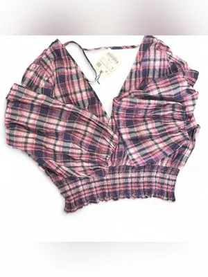 Zara Pink & Navy Plaid V-Neck Smocked Crop Top thumbnail 3