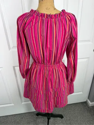 BURU Size S Pink Striped Cotton Long Sleeve Tiered Mini Dress thumbnail 9