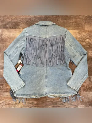 NWT Rock & Roll Denim Fringe Denim Blazer Jacket Western Rodeo Cowgirl Boho XL thumbnail 4